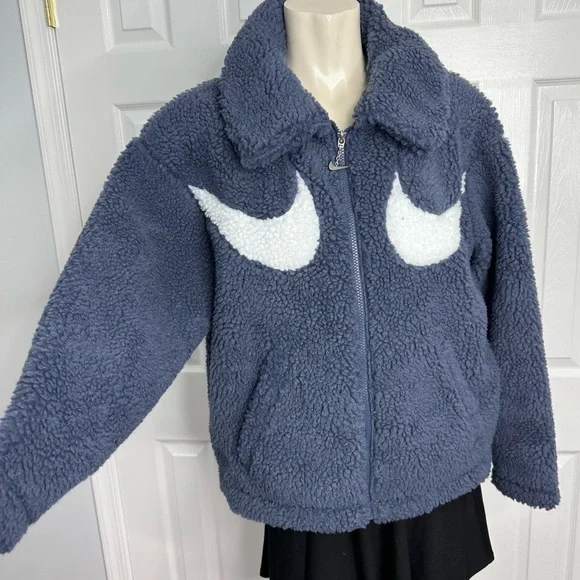 NIKE teddy bear fleece JACKET sports casual athletic blue white zipper NEW S - Picture 1 of 10